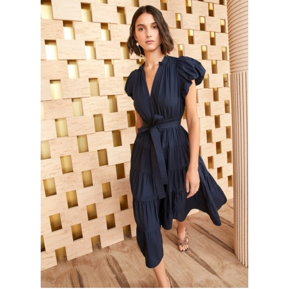 Ulla Johnson Navy Puff Sleeve Tiered Midi Dress - Picture 3 of 11